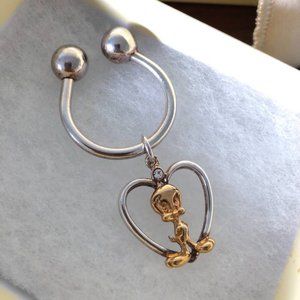 New~ Lenox TWEETY BIRD Heart Key Ring - Silver, 24K Gold and Crystal in Box